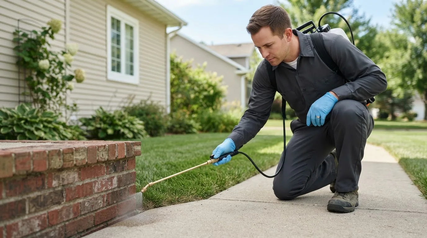 Pest control technician treating a home near Roxobel, NC